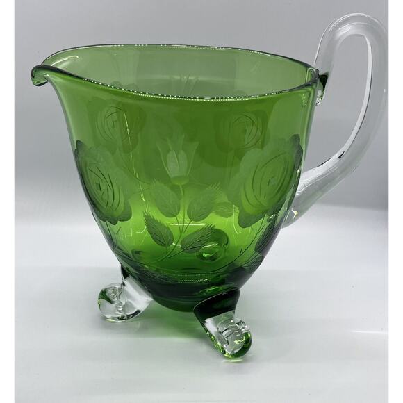 Vtg 1960s Green Glass Pitcher Rose Etched Hand Blown Footed Estate Piece HTF SEE - Picture 3 of 10